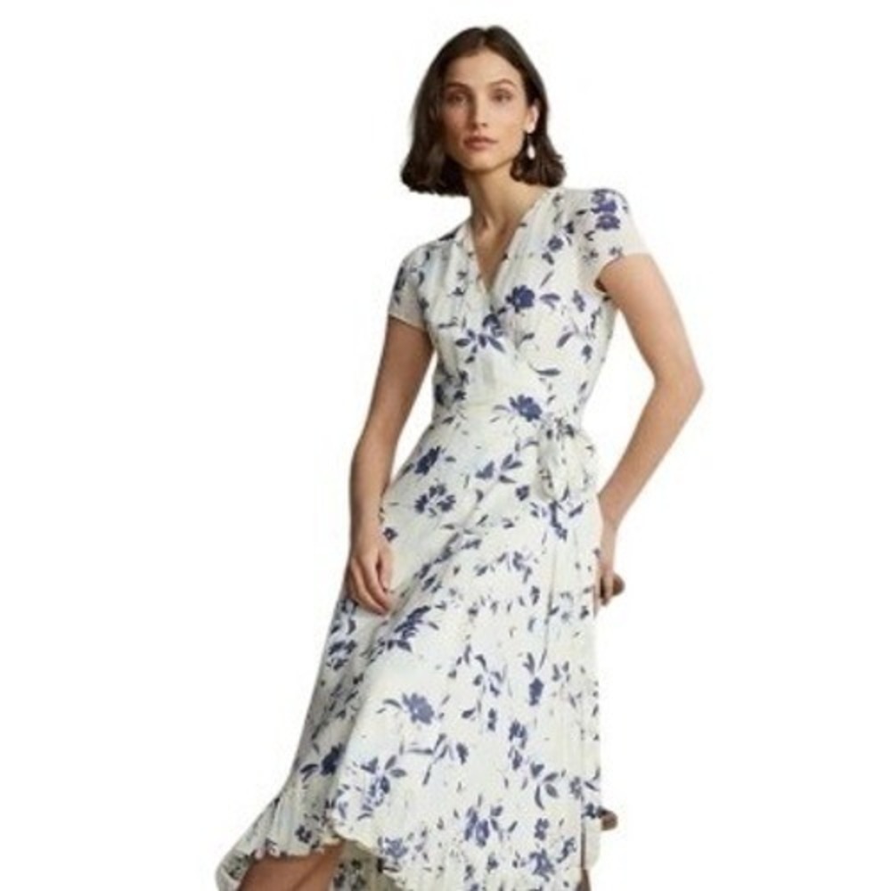 Polo Ralph Lauren Wrap Dress Floral Midi White Cotton Midi Cottagecore Preppy 10 - Picture 3 of 16